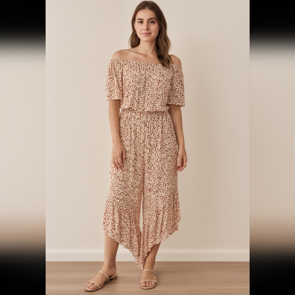 Kori Floral Abstract Animal Print Off-Shoulder Wide Leg Jumpsuit  Pink White Sm